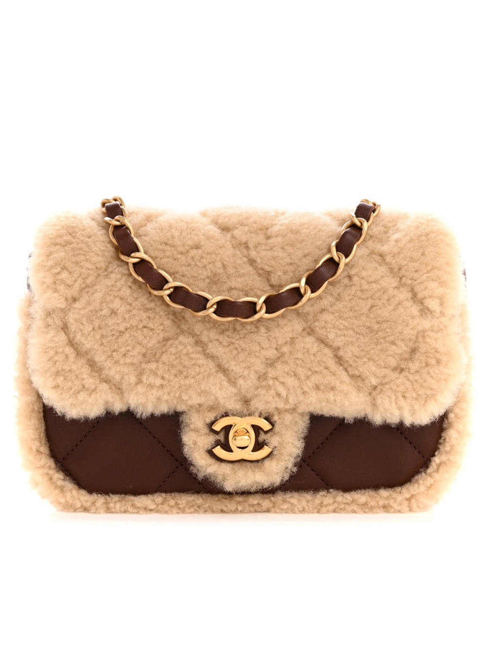 NWT AUTHENTIC Chanel Mini Brown Shearling Flap Bag